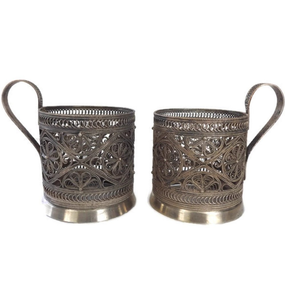 USSR Silverplate Filigree Glass Holders Stamped